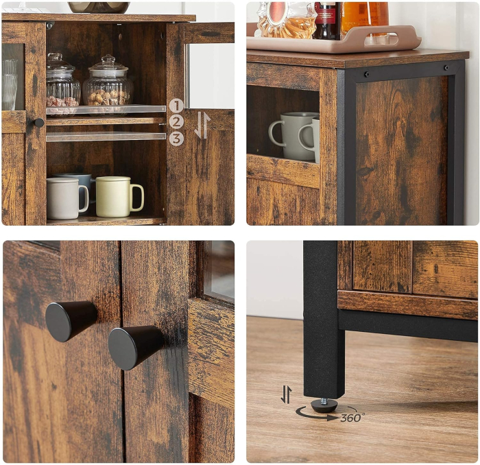 Comoda cu 3 usi din sticla, cadru metalic, stil industrial, 35x100x75 cm, maro rustic [8]