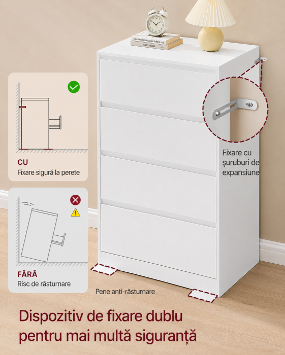 Comoda cu 4 sertare, design modern minimalist, PAL si MDF, 60x40x97 cm, alb [6]