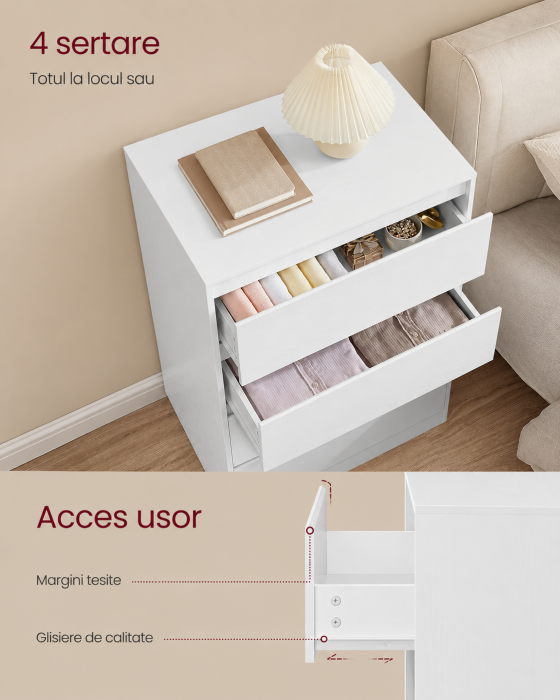 Comoda cu 4 sertare, design modern minimalist, PAL si MDF, 60x40x97 cm, alb [5]