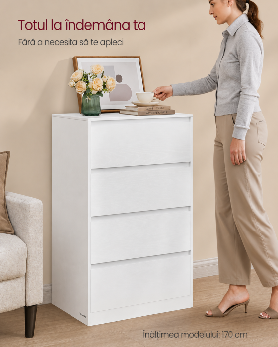 Comoda cu 4 sertare, design modern minimalist, PAL si MDF, 60x40x97 cm, alb [7]