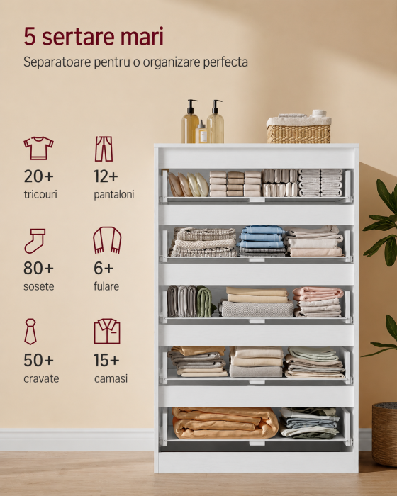 Comoda cu 5 sertare, design modern minimalist, PAL si MDF, 60x40x97 cm, alb [4]