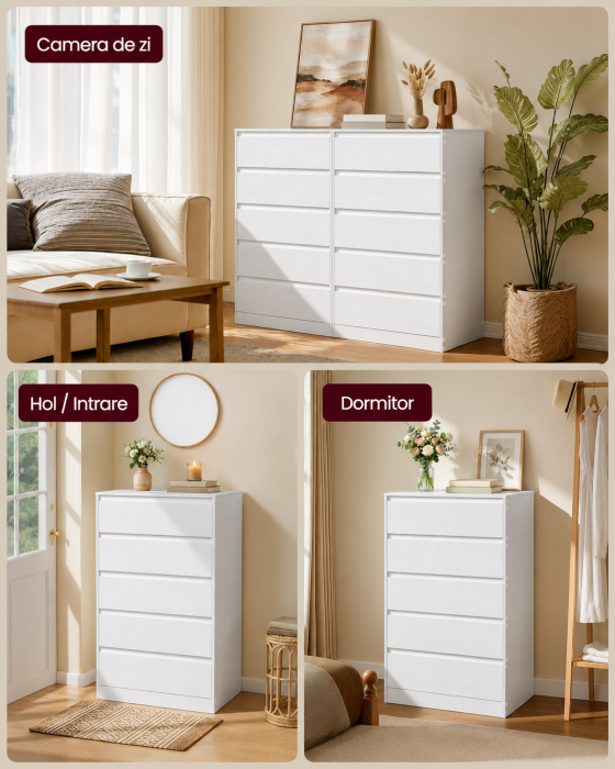 Comoda cu 5 sertare, design modern minimalist, PAL si MDF, 60x40x97 cm, alb [6]