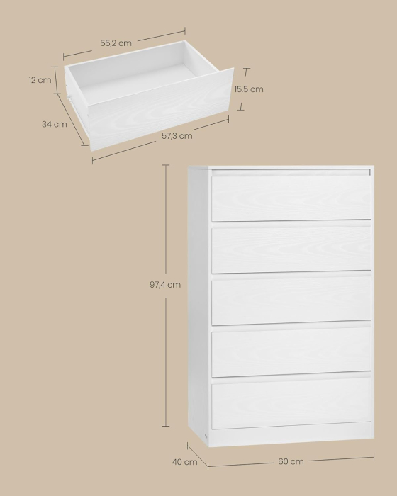 Comoda cu 5 sertare, design modern minimalist, PAL si MDF, 60x40x97 cm, alb [2]