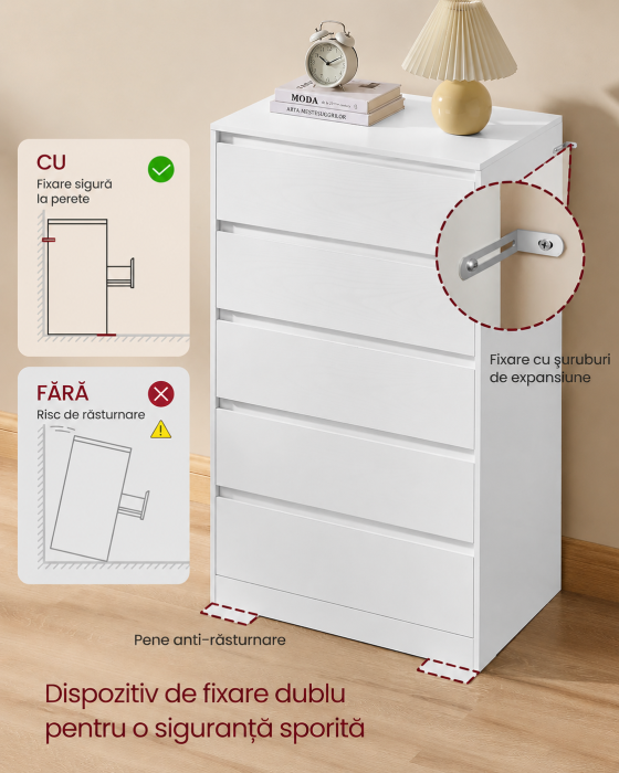 Comoda cu 5 sertare, design modern minimalist, PAL si MDF, 60x40x97 cm, alb [3]