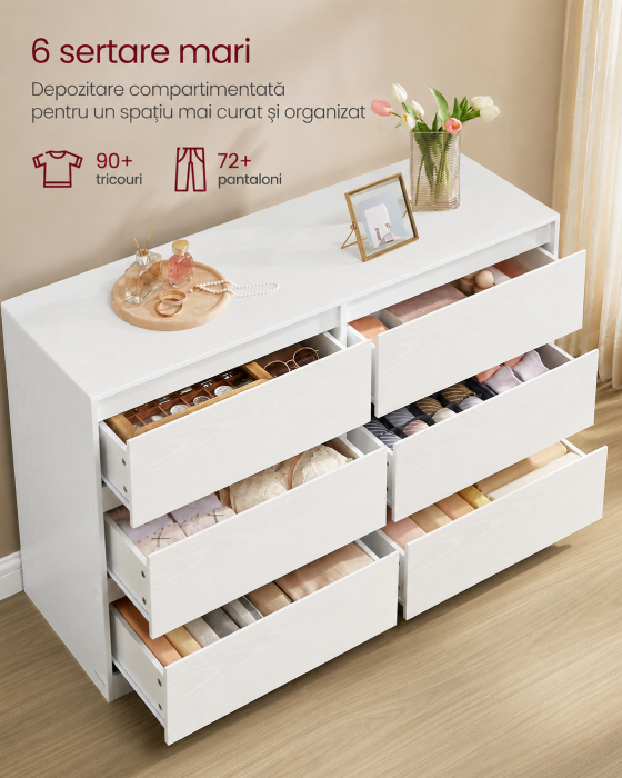 Comoda cu 6 sertare, design modern minimalist, PAL si MDF, 119x40x75 cm, alb [5]