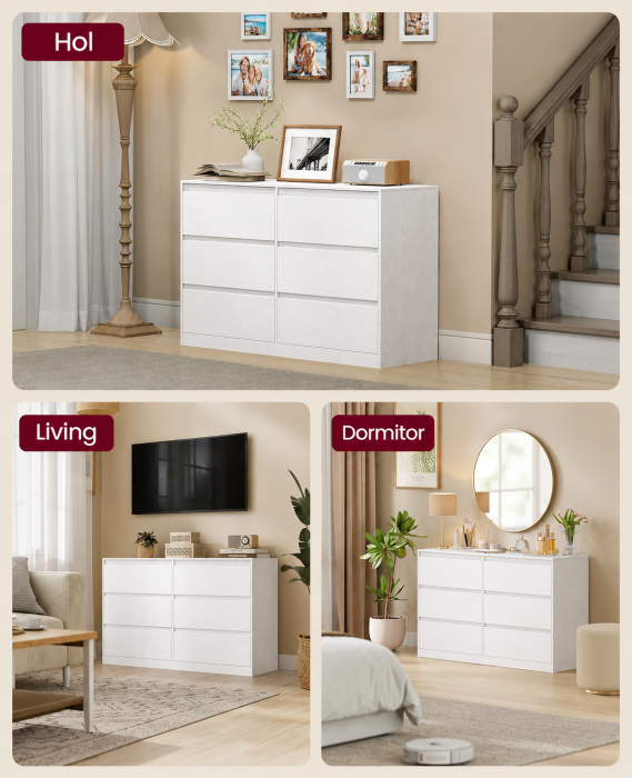 Comoda cu 6 sertare, design modern minimalist, PAL si MDF, 119x40x75 cm, alb [3]