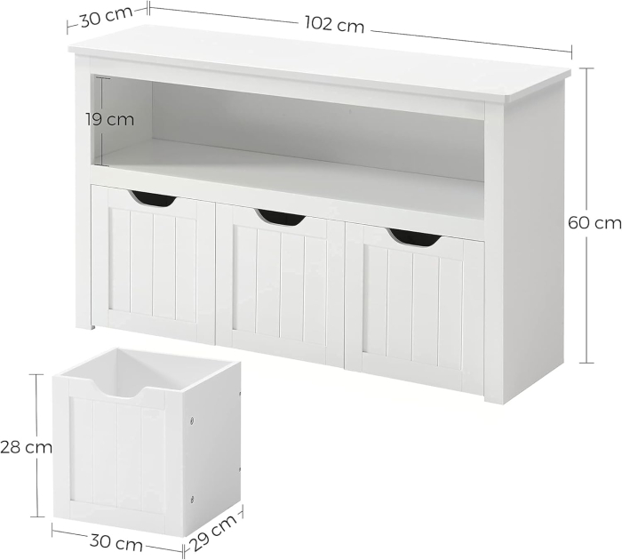 VASAGLE Comoda cu spatiu depozitare jucarii, 3 dulapuri mobile, 102x30x60 cm, alb [4]