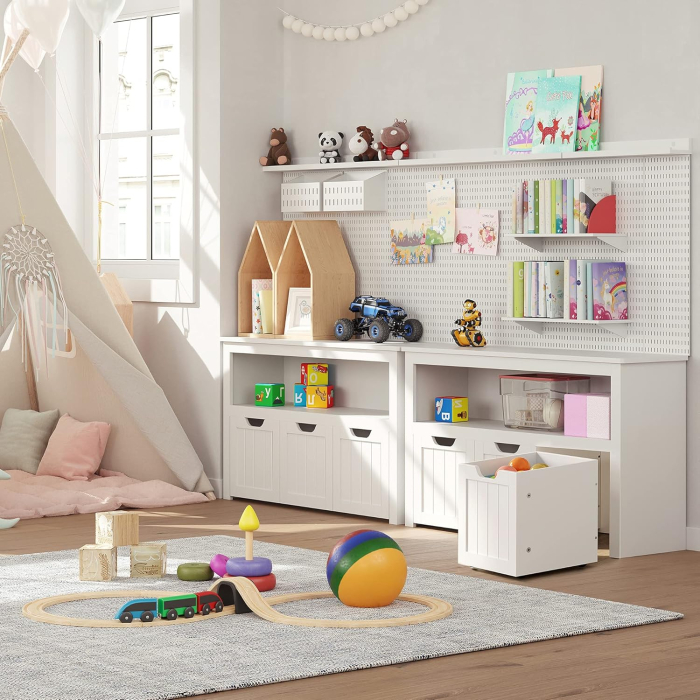 VASAGLE Comoda cu spatiu depozitare jucarii, 3 dulapuri mobile, 102x30x60 cm, alb [2]