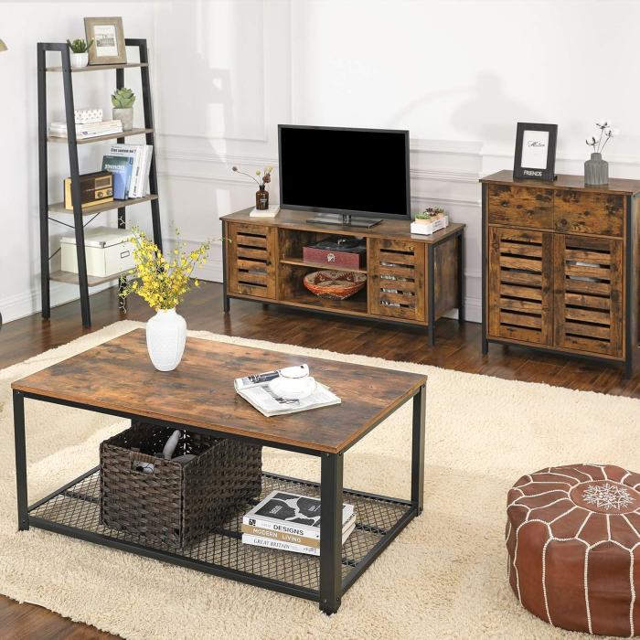 Comoda depozitare cu 2 sertare si polite, usi tip jaluzea, stil industrial, 30x70x80 cm, maro rustic [5]