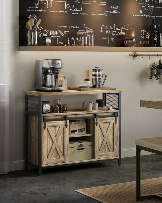 VASAGLE Comoda pentru living sau bucatarie, cu 2 usi glisante, rafturi reglabile, stil rustic, 33x100x80 cm, maro natur [8]