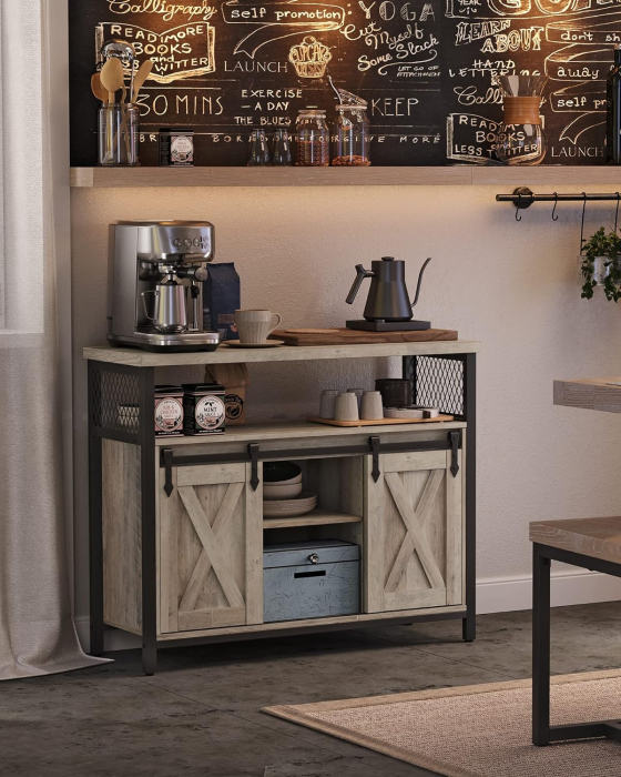 VASAGLE Comoda pentru living sau bucatarie, cu 2 usi glisante, rafturi reglabile, stil rustic, 33x100x80cm, gri [2]