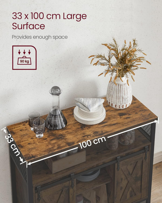 VASAGLE Comoda pentru living sau bucatarie, cu 2 usi glisante, rafturi reglabile, stil rustic, 33x100x80cm, maro si negru [3]
