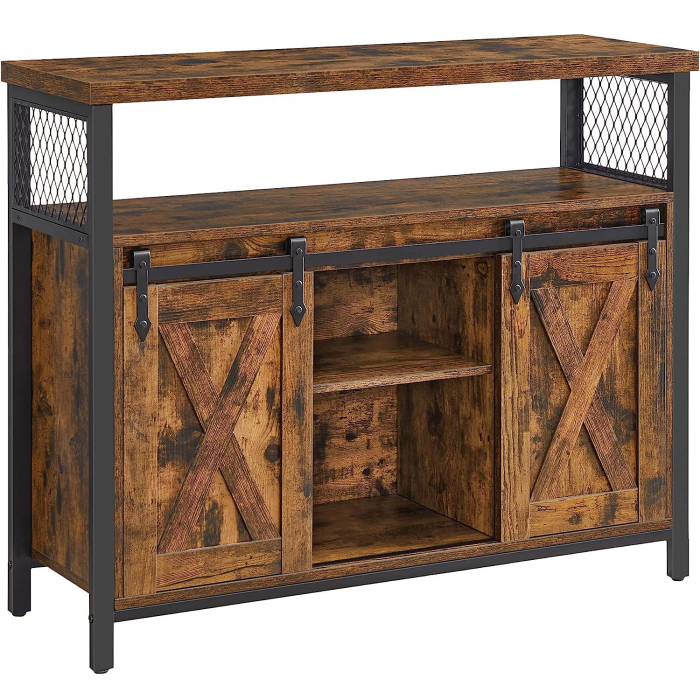 VASAGLE Comoda pentru living sau bucatarie, cu 2 usi glisante, rafturi reglabile, stil rustic, 33x100x80cm, maro si negru [1]