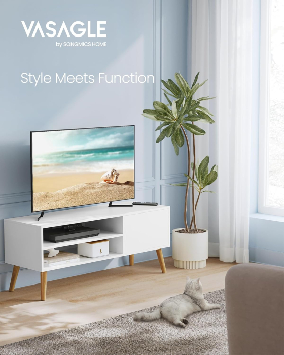 Comoda pentru TV de pana la 120 cm, 2 rafturi si dulap push-open, PAL si lemn, 120x40x49 cm, alb [10]
