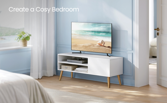 Comoda pentru TV de pana la 120 cm, 2 rafturi si dulap push-open, PAL si lemn, 120x40x49 cm, alb [2]