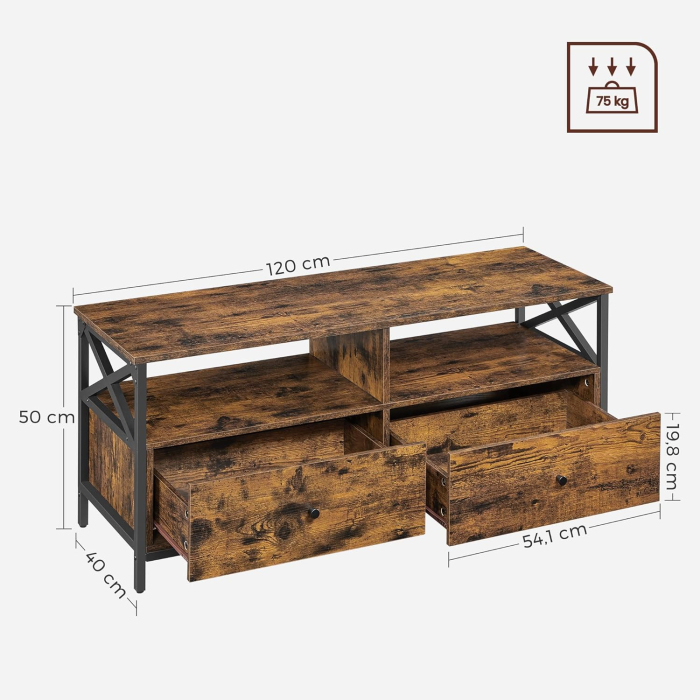 Comoda TV cu 2 sertare si 2 rafturi, cadru metalic, stil industrial, 120x40x50 cm, maro rustic [2]