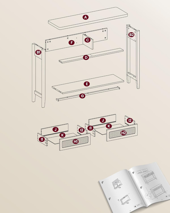 VASAGLE Consola hol 100x30x80 cm, 2 sertare, raft deschis, colturi rotunjite, stil boho, MDF si ratan PVC, bej stejar [7]