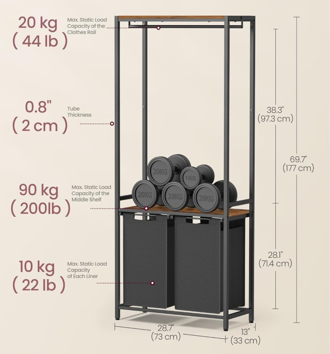 Cos de rufe, 2 compartimente, saci de rufe detasabili, 2 rafturi, tija umerase, 2x46L, 73x33x177cm, maro rustic [2]
