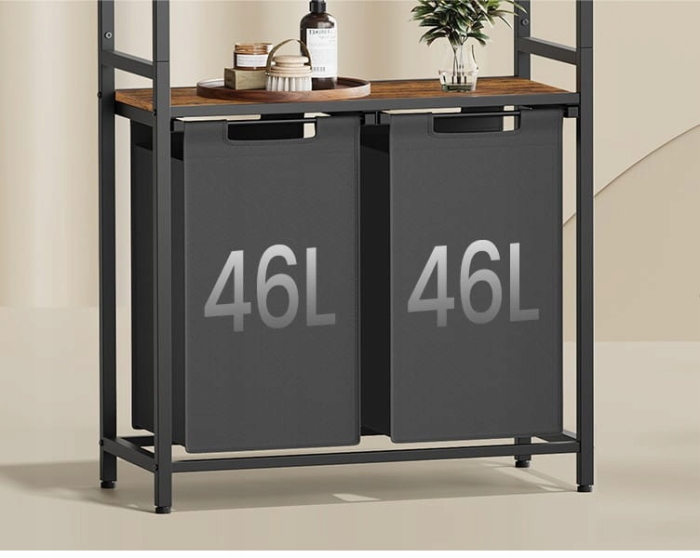 Cos de rufe, 2 compartimente, saci de rufe detasabili, 2 rafturi, tija umerase, 2x46L, 73x33x177cm, maro rustic [8]