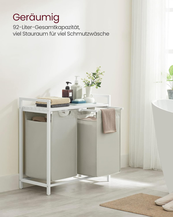 VASAGLE Cos de rufe, 2 compartimente, saci de rufe detasabili, raft, cadru metalic, 2x46L, 73x33x72 cm, alb [3]