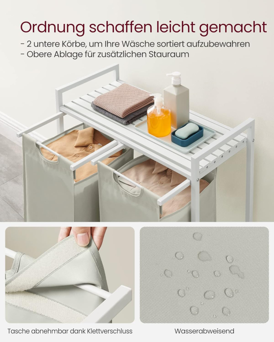 VASAGLE Cos de rufe, 2 compartimente, saci de rufe detasabili, raft, cadru metalic, 2x46L, 73x33x72 cm, alb [4]