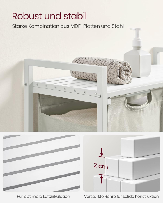 VASAGLE Cos de rufe, 2 compartimente, saci de rufe detasabili, raft, cadru metalic, 2x46L, 73x33x72 cm, alb [5]