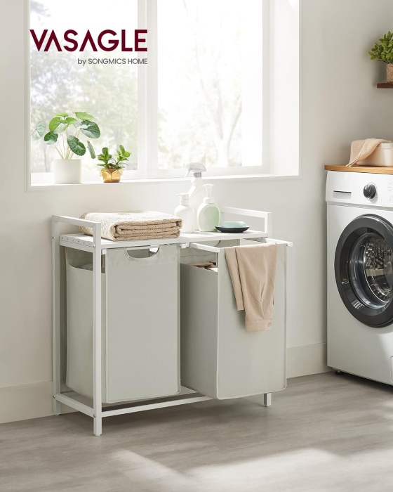 VASAGLE Cos de rufe, 2 compartimente, saci de rufe detasabili, raft, cadru metalic, 2x46L, 73x33x72 cm, alb [2]