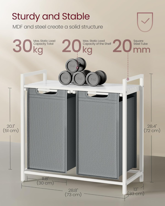 VASAGLE Cos de rufe, 2 compartimente, saci de rufe detasabili, raft, cadru metalic, 2x46L, 73x33x72 cm, alb si gri deschis [6]