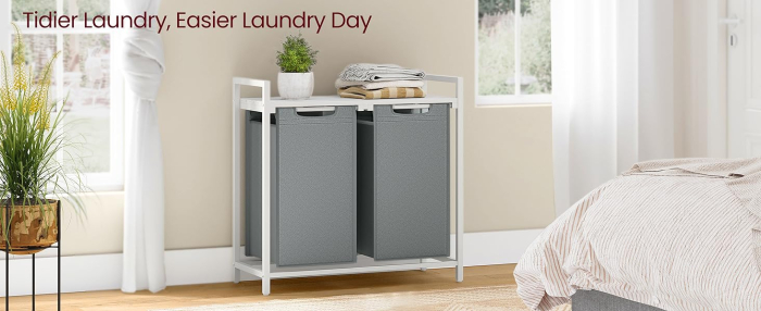 VASAGLE Cos de rufe, 2 compartimente, saci de rufe detasabili, raft, cadru metalic, 2x46L, 73x33x72 cm, alb si gri deschis [8]