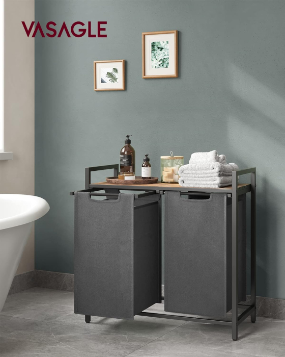 Cos de rufe, 2 compartimente, saci de rufe detasabili, raft, cadru metalic, 2x46L, 73x33x72 cm, maro rustic si gri [2]