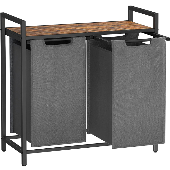 Cos de rufe, 2 compartimente, saci de rufe detasabili, raft, cadru metalic, 2x46L, 73x33x72 cm, maro rustic si gri [1]