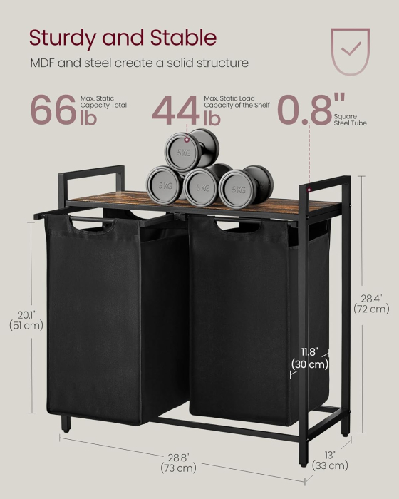 Cos de rufe, 2 compartimente, saci de rufe detasabili, raft, cadru metalic, 2x46L, 73x33x72 cm, maro rustic si negru [6]