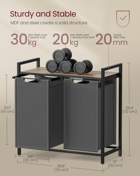 Cos de rufe, 2 compartimente, saci de rufe detasabili, raft, cadru metalic, 2x46L, 73x33x72 cm, maro si gri antracit [6]