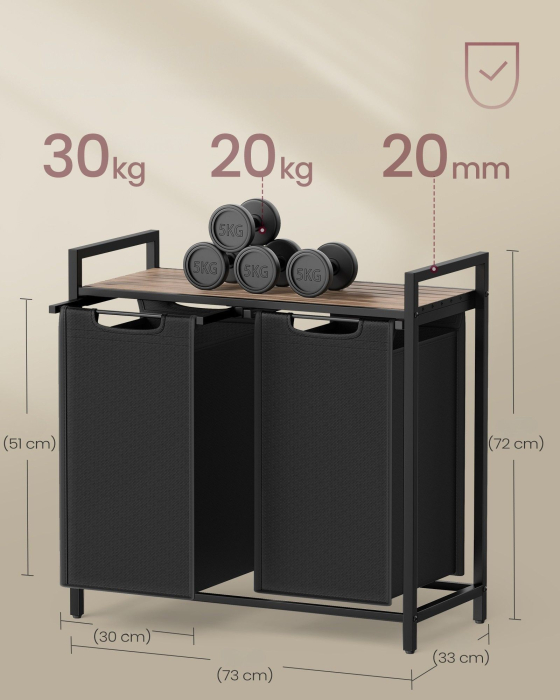 Cos de rufe, 2 compartimente, saci de rufe detasabili, raft, cadru metalic, 2x46L, 73x33x72 cm, maro si negru [3]