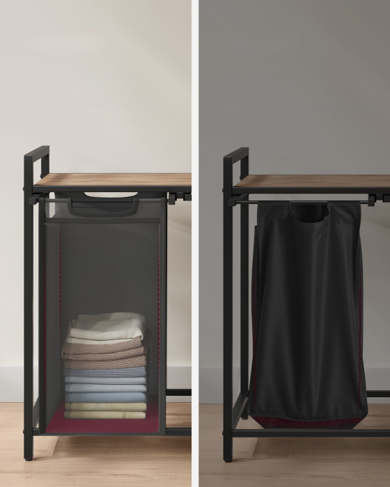 Cos de rufe, 2 compartimente, saci de rufe detasabili, raft, cadru metalic, 2x46L, 73x33x72 cm, maro si negru [6]