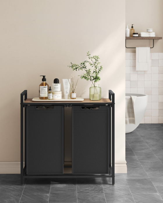 Cos de rufe, 2 compartimente, saci de rufe detasabili, raft, cadru metalic, 2x46L, 73x33x72 cm, maro si negru [7]