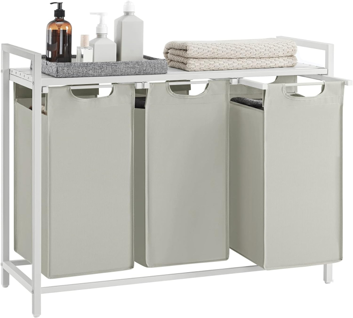 VASAGLE Cos de rufe, 3 compartimente, saci de rufe detasabili, raft, cadru metalic, 3x38L, 93x33x72 cm, alb [8]