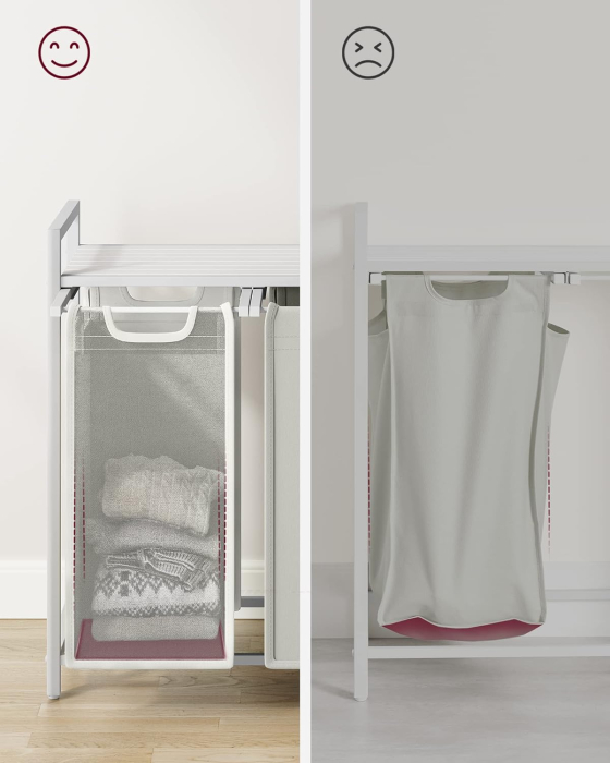 VASAGLE Cos de rufe, 3 compartimente, saci de rufe detasabili, raft, cadru metalic, 3x38L, 93x33x72 cm, alb [5]