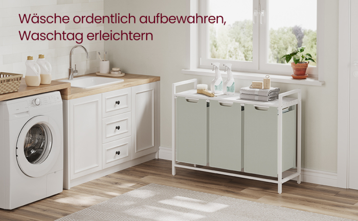 VASAGLE Cos de rufe, 3 compartimente, saci de rufe detasabili, raft, cadru metalic, 3x38L, 93x33x72 cm, alb [9]