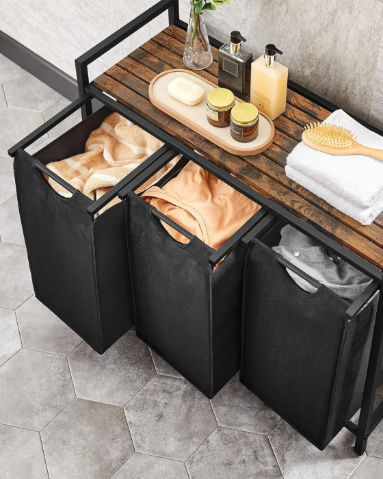 VASAGLE Cos de rufe, 3 compartimente, saci de rufe detasabili, raft, cadru metalic, 3x38L, 93x33x72 cm, maro rustic si negru [3]
