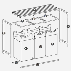 VASAGLE Cos de rufe, 3 compartimente, saci de rufe detasabili, raft, cadru metalic, 3x38L, 93x33x72 cm, maro rustic si negru [10]