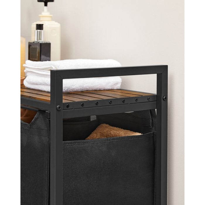 Cos de rufe, 3 compartimente, saci de rufe detasabili, raft, cadru metalic, 3x38L, 93x33x72 cm, maro vintage si negru [4]
