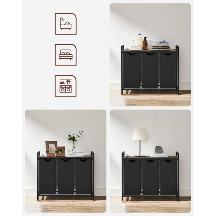 Cos de rufe, 3 compartimente, saci de rufe detasabili, raft, cadru metalic, 3x38L, 93x33x72 cm, maro vintage si negru [7]