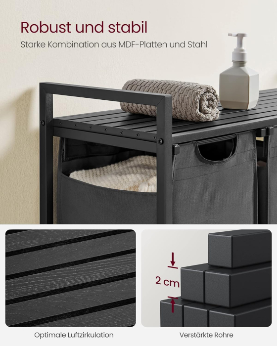 VASAGLE Cos de rufe, 3 compartimente, saci de rufe detasabili, raft, cadru metalic, 3x38L, 93x33x72 cm, negru [5]