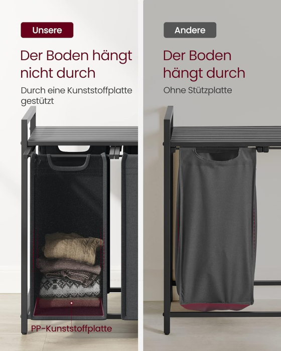 VASAGLE Cos de rufe, 3 compartimente, saci de rufe detasabili, raft, cadru metalic, 3x38L, 93x33x72 cm, negru [7]