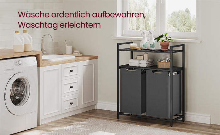 VASAGLE Cos de rufe, cu 2 saci detasabili, 2 rafturi, capacitate de 46L per sac, 73x33x92cm , negru si gri [2]