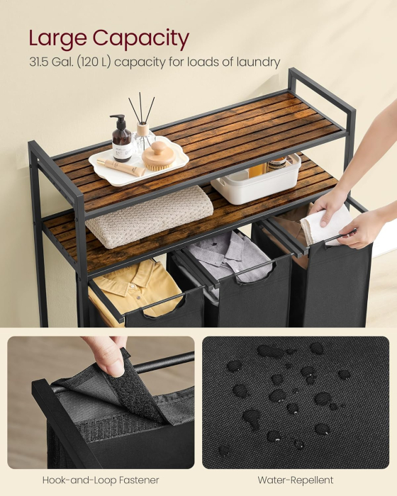 Cos de rufe cu 3 saci detasabili, 3x40 litri, 2 rafturi, structura metalica, stil industrial, 92x33x92 cm, maro rustic [4]