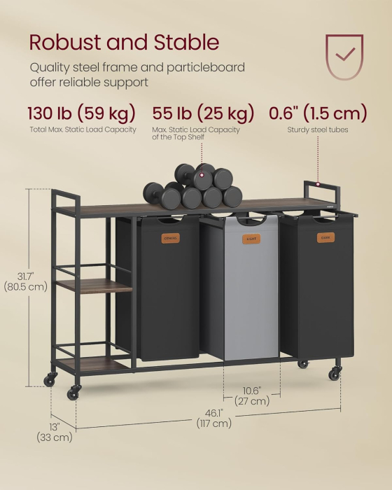 Cos de rufe cu rafturi si roti, 3 compartimente cu saci de rufe detasabili, 3x50 litri, 117x33x81 cm, maro si negru [3]