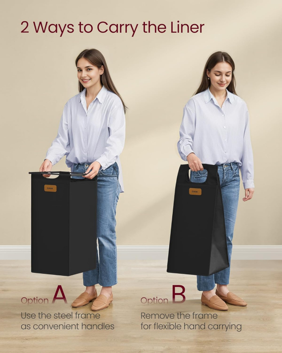 Cos de rufe cu rafturi si roti, 3 compartimente cu saci de rufe detasabili, 3x50 litri, 117x33x81 cm, maro si negru [5]