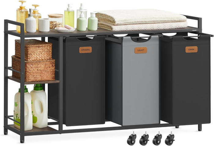 Cos de rufe cu rafturi si roti, 3 compartimente cu saci de rufe detasabili, 3x50 litri, 117x33x81 cm, maro si negru [4]
